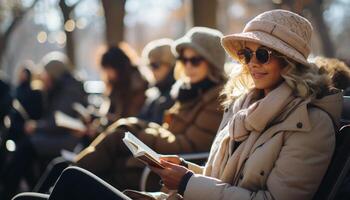 AI generated Young adults enjoying nature, sitting together, smiling, wearing casual clothing generated by AI photo