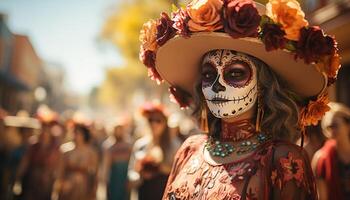 ai generado sonriente mujer en tradicional ropa celebrar Víspera de Todos los Santos al aire libre, escalofriante divertido generado por ai foto