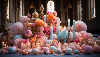 AI generated Christianity elegance altar adorned with pink flowers, candlelight illuminates generated by AI photo