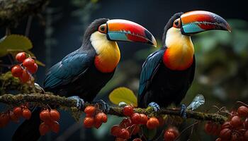 ai generado el vibrante guacamayo perchas en un rama en el selva generado por ai foto