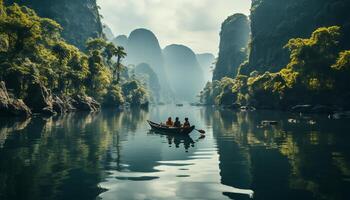 ai generado hombres canotaje en tranquilo agua, rodeado por montañoso verano belleza generado por ai foto