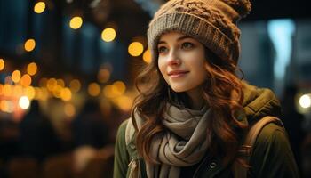 AI generated Young woman smiling outdoors in winter, illuminated by Christmas lights generated by AI photo