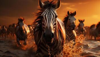 ai generado caballo manada roza en africano prado debajo crepúsculo puesta de sol generado por ai foto