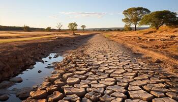 ai generado tranquilo puesta de sol terminado árido africano paisaje, seco suciedad y polvo generado por ai foto