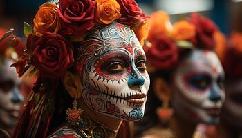 ai generado un sonriente mujer en tradicional hindú ropa a un vistoso desfile generado por ai foto