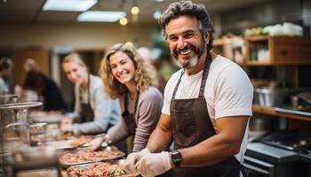 ai generado sonriente hombres y mujer cocinando, confidente y alegre en cocina generado por ai foto