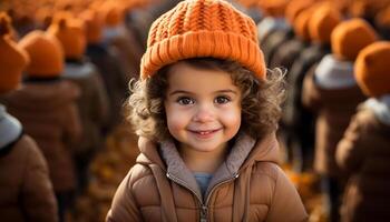 ai generado sonriente niño jugando al aire libre, disfrutando otoño, invierno, y naturaleza generado por ai foto