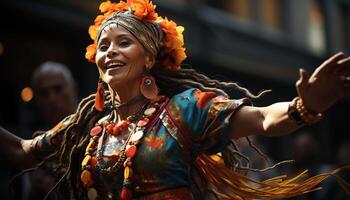 ai generado joven mujer bailando en tradicional ropa a un música festival generado por ai foto