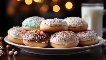 AI generated Freshly baked donuts with chocolate icing and colorful decorations on a table generated by AI photo