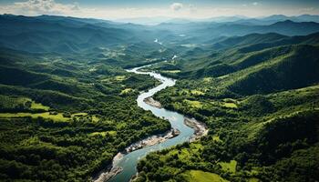 ai generado tranquilo prado fluye, verde montañas curva, naturaleza belleza en aéreo ver generado por ai foto