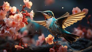 ai generado colibrí volador, extensión alas, polinizando flores, exhibiendo natural belleza generado por ai foto
