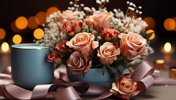 AI generated Romantic candlelit table, adorned with a vibrant bouquet and gift generated by AI photo