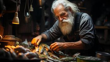 AI generated Senior man expertly preparing fresh seafood in workshop generated by AI photo