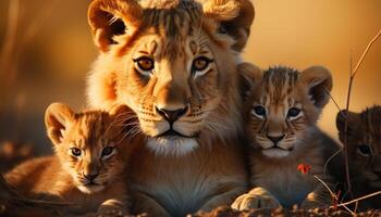 ai generado linda león cachorro curioso, pequeño grupo, naturaleza belleza en África generado por ai foto