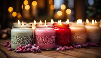 AI generated A sweet dessert table with candles burning, creating a cozy ambiance generated by AI photo