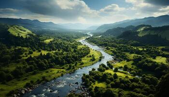 AI generated Idyllic rural scene green meadow, mountain range, tranquil water reflection generated by AI photo