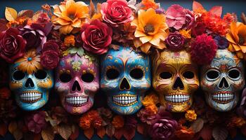 ai generado día de el muerto celebracion escalofriante decoración, vistoso flores, y calaveras generado por ai foto