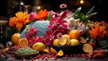 AI generated Fresh fruit on wooden table, nature vibrant healthy eating decoration generated by AI photo