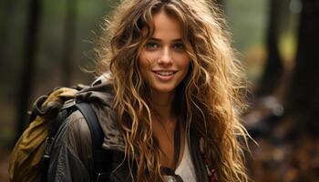 ai generado joven mujer sonriente, disfrutando naturaleza, mirando a cámara en bosque generado por ai foto