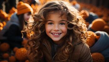 ai generado sonriente niño disfruta otoño al aire libre, jugando con calabaza, linda y alegre generado por ai foto