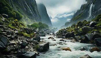 ai generado majestuoso montaña cima, fluido agua, tranquilo escena, verde césped generado por ai foto