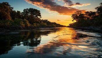 ai generado tranquilo puesta de sol refleja en agua, naturaleza vibrante belleza generado por ai foto
