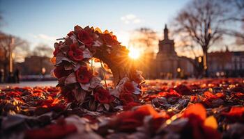 AI generated Autumn sunset, vibrant leaves, symbolize love and spirituality generated by AI photo