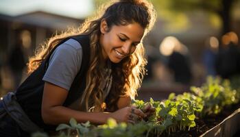 AI generated One young woman enjoying the outdoors, smiling in nature generated by AI photo