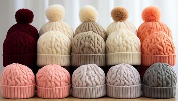 AI generated Winter fashion wool cap, knitting heat, autumn decoration, multi colored backgrounds generated by AI photo