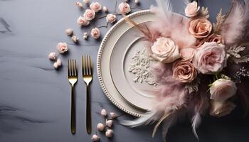 AI generated Romantic wedding celebration with elegant table decoration and gourmet meal generated by AI photo