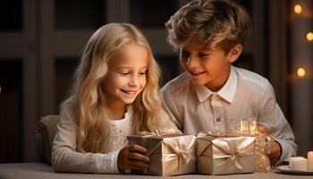 AI generated Smiling boys and girls, cute siblings, indoor celebration, joyful gift generated by AI photo