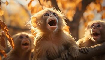 AI generated Cute young monkey playing in the forest, mouth open, laughing generated by AI photo