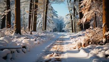 AI generated Winter forest tranquil scene, frozen beauty, snow covered trees, peaceful footpath generated by AI photo