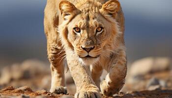 ai generado majestuoso leona en África desierto, ocultación, alerta, caza generado por ai foto