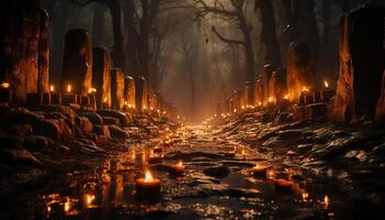 AI generated Christianity candlelight illuminates the spooky autumn night in nature tomb generated by AI photo