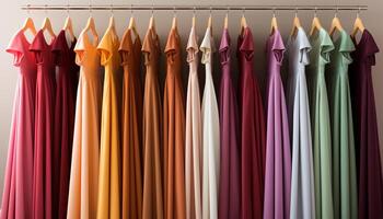 AI generated A vibrant collection of multi colored garments hanging in a row generated by AI photo