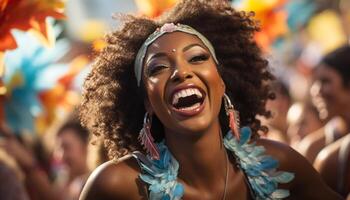 ai generado joven africano mujer disfrutando un vistoso música festival, sonriente y bailando generado por ai foto