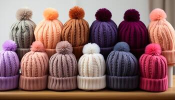 ai generado invierno Moda lana ropa, cerca arriba de multi de colores gorra generado por ai foto