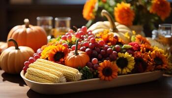 ai generado otoño celebracion calabaza, maíz, y girasol decoración en mesa generado por ai foto