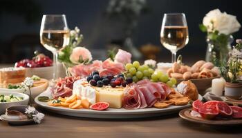 AI generated A gourmet meal prosciutto, wine, fruit, bread, and cheese generated by AI photo