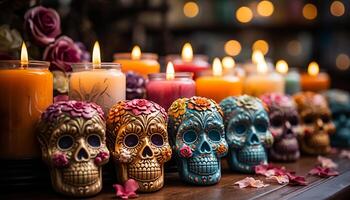 AI generated Halloween celebration spooky candlelight, colorful decorations, and dark backgrounds generated by AI photo