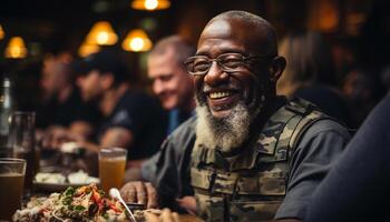 ai generado un grupo de adultos disfrutando comida y bebidas al aire libre a noche generado por ai foto