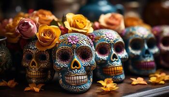 ai generado día de el muerto celebracion vistoso decoraciones, escalofriante calaveras generado por ai foto