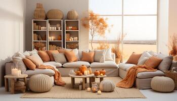 AI generated Modern living room with comfortable sofa, elegant design, and wood flooring generated by AI photo