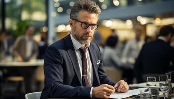 AI generated Confident businessman sitting at office table, looking at camera generated by AI photo