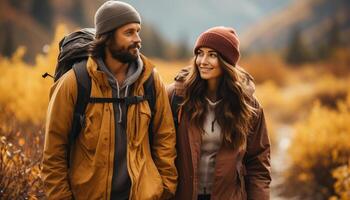 ai generado joven Pareja excursionismo en el otoño bosque, disfrutando naturaleza juntos generado por ai foto