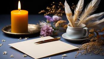 AI generated Wooden table with candle, flower, pen, and blank paper generated by AI photo