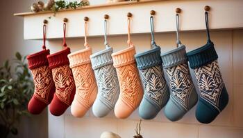 AI generated Cozy wool socks in a row, perfect winter home decor generated by AI photo