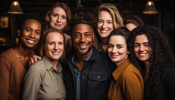 AI generated Group of smiling men and women looking at camera indoors generated by AI photo