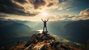 AI generated One person standing on top of mountain peak, arms raised generated by AI photo